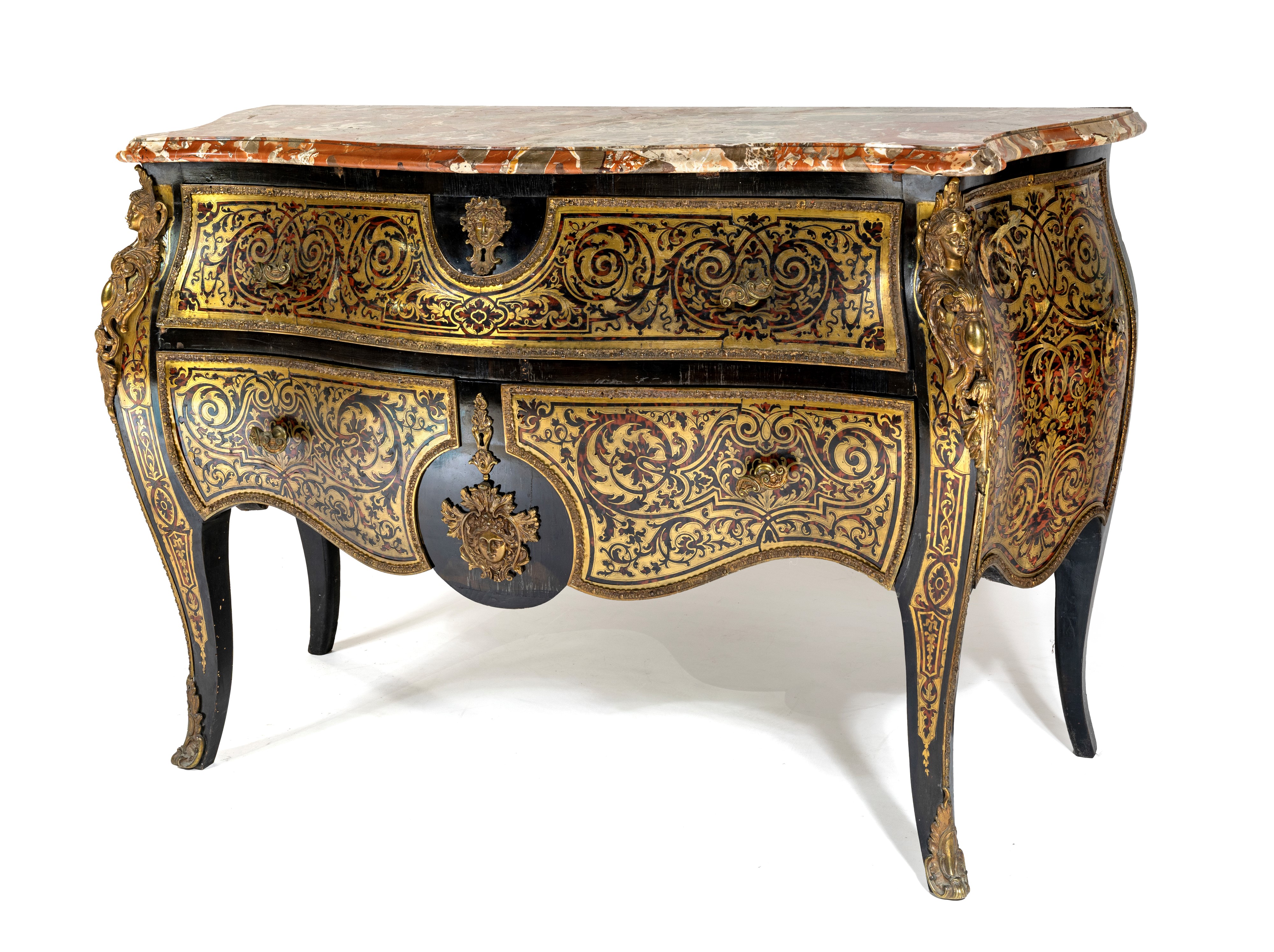 Cassettone Boulle con piano sagomato in marmo rosso, Francia,  XIX secolo