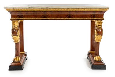 Console, piano rettangolare in marmo bianco, mogano dorato con decorazioni a rilievo, XIX secolo