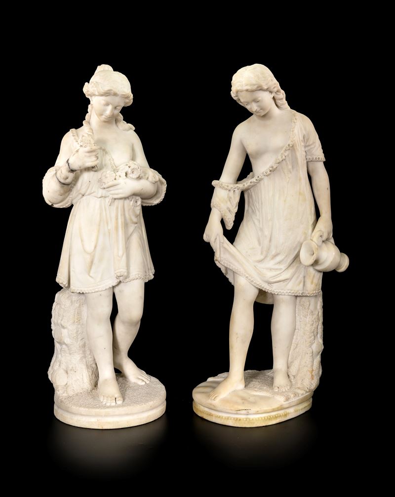 Coppia di sculture, Flora ed Ebe, marmo bianco, inizi del XX secolo