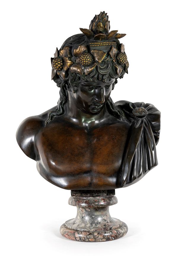 Busto di Bacco in bronzo su piedistallo in marmo, fine XIX/inizi XX secolo