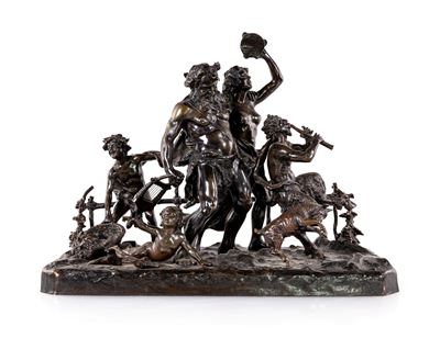 Baccanale con satiro e fanciulla, putti, Pan e una capretta, bronzo brunito