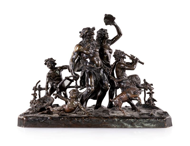 Carl Bröse - Baccanale con satiro e fanciulla, putti, Pan e una capretta, bronzo brunito
