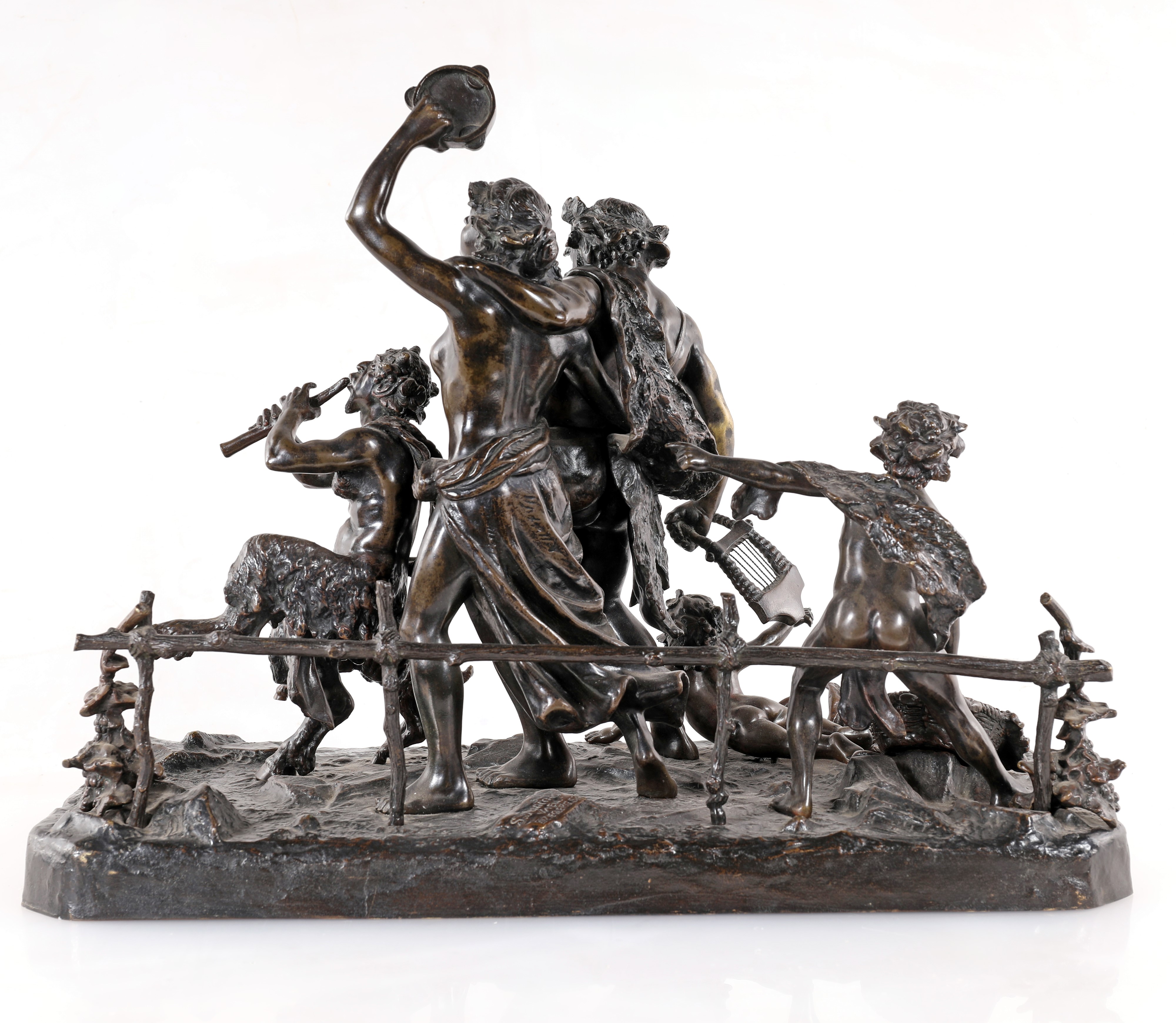 Carl Bröse - Baccanale con satiro e fanciulla, putti, Pan e una capretta, bronzo brunito