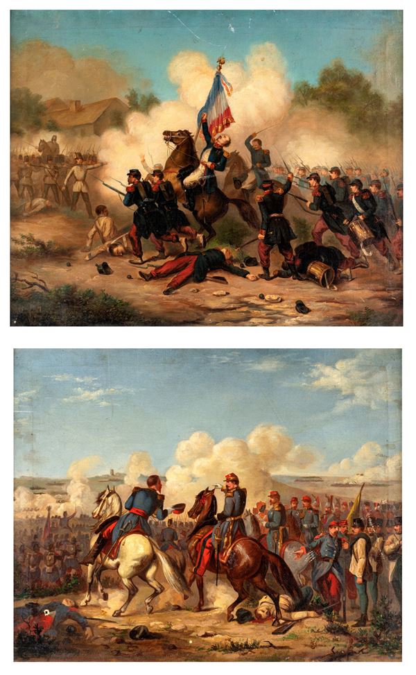 Scuola Italiana del XIX secolo - Due scene della seconda guerra di Indipendenza: 'Napoleone III all'attacco con la fanteria' e 'La Battaglia di Solferino, 1859'