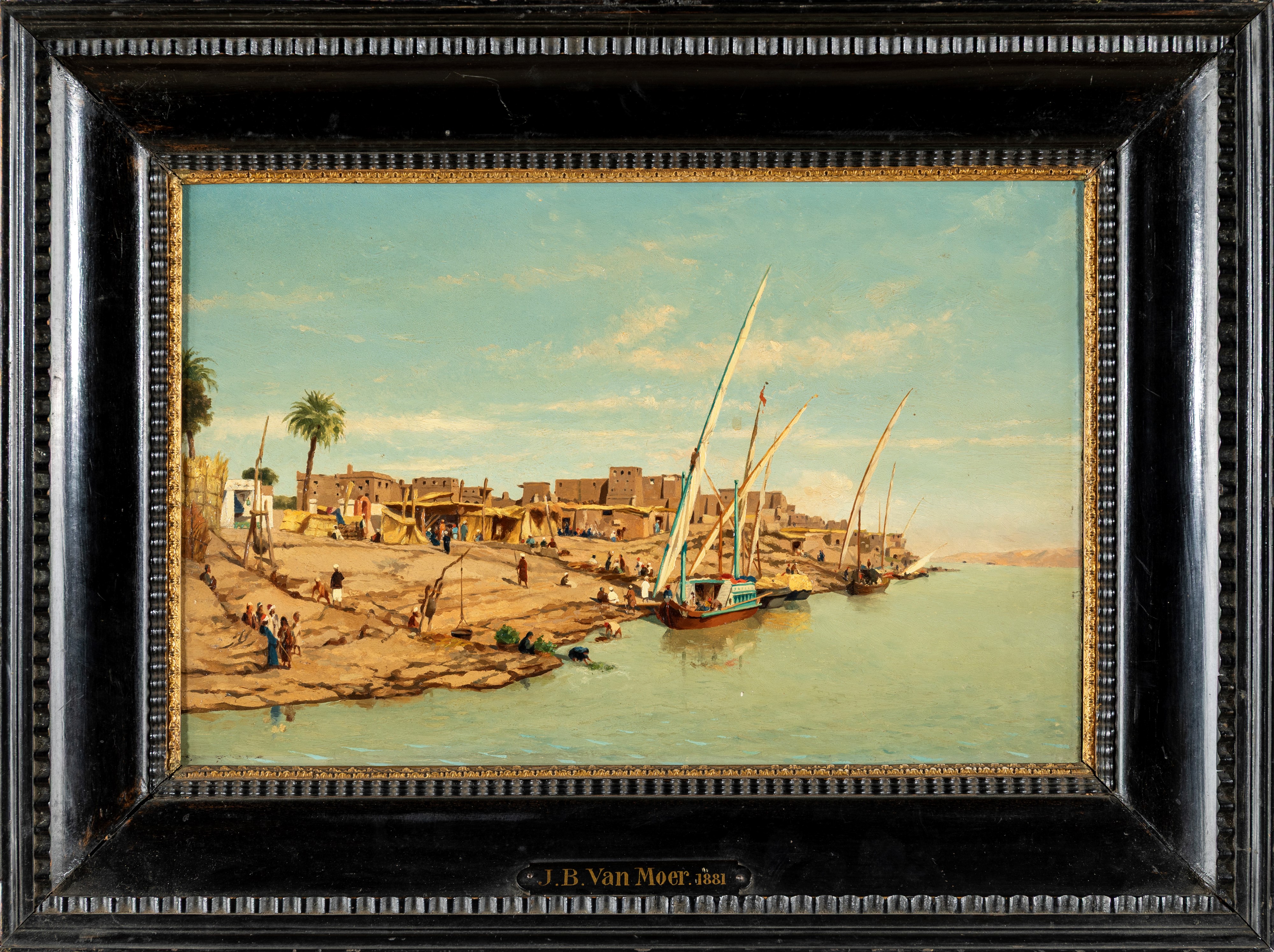 Jean-baptiste Van Moer - Villaggio sulle rive del Nilo, olio su tavola