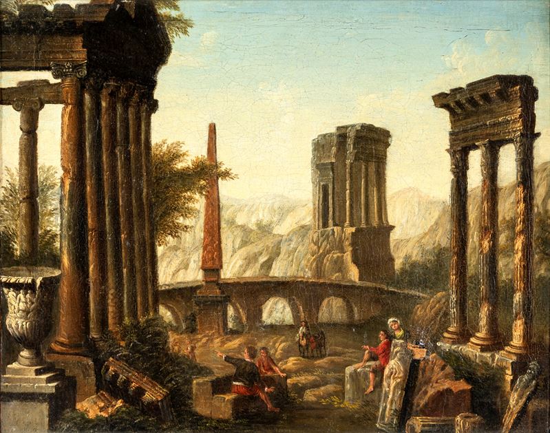 Scuola Romana del XVIII Secolo - Capriccio con rovine classiche e figure