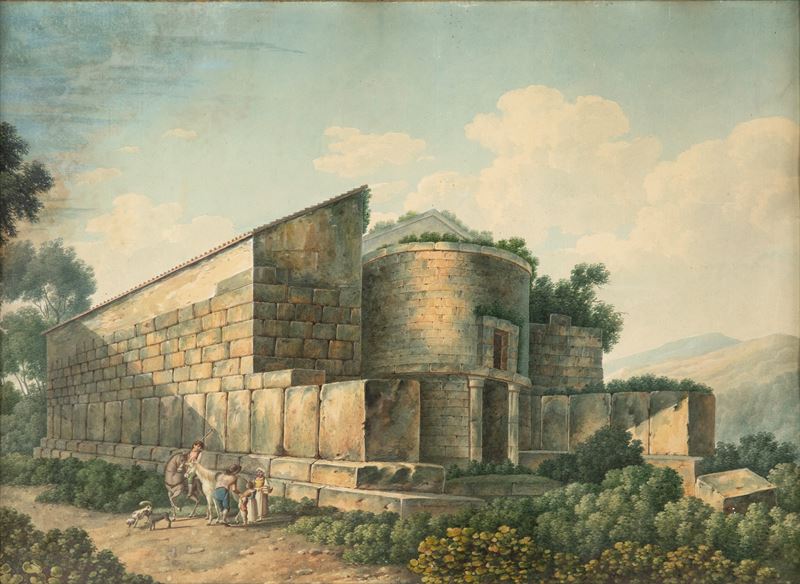 Scuola Romana del XIX Secolo - Rovine entro paesaggio arcadico