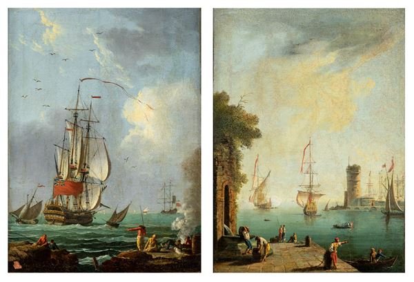 Coppia di vedute marine con velieri e pescatori