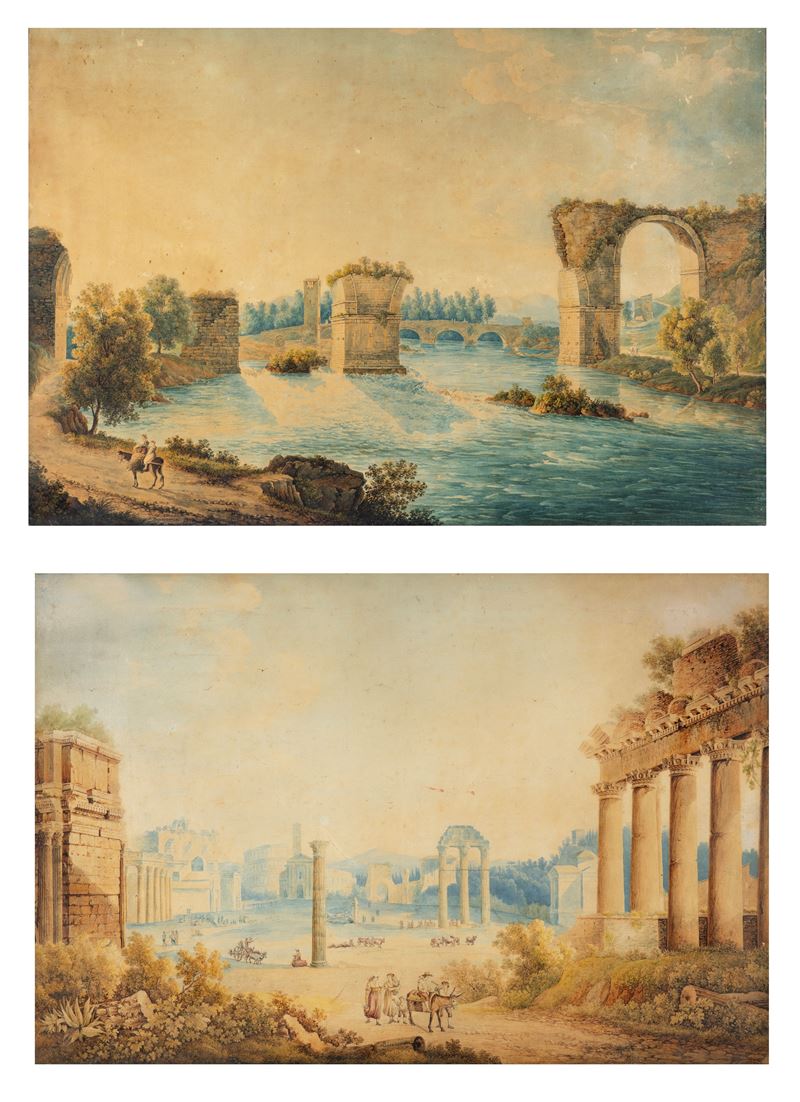 Franz Kaisermann - Veduta di Campo Vaccino dal Campidoglio e Veduta del Ponte di Augusto a Narni