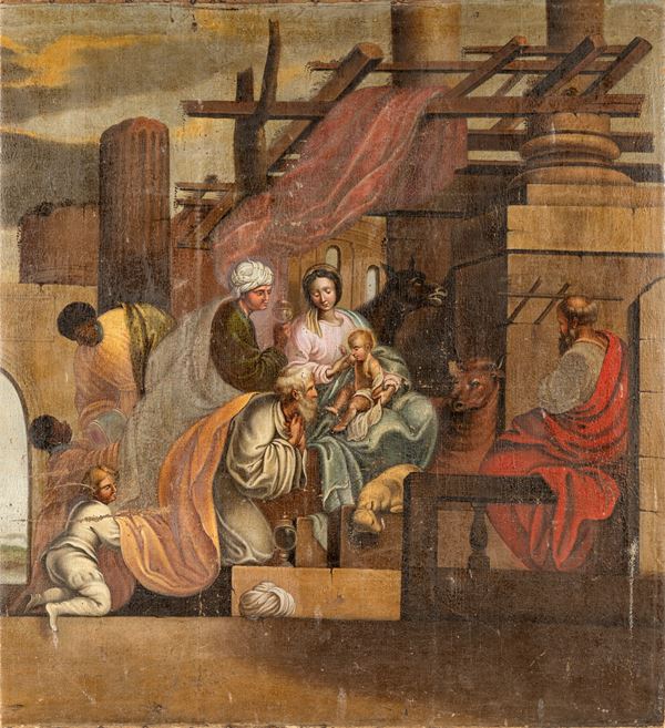 Pittore dell'Italia centrale del XVIII secolo : Adorazione dei Magi  - Olio su tela - Auction Old Master Paintings - Casa d'Aste Arcadia