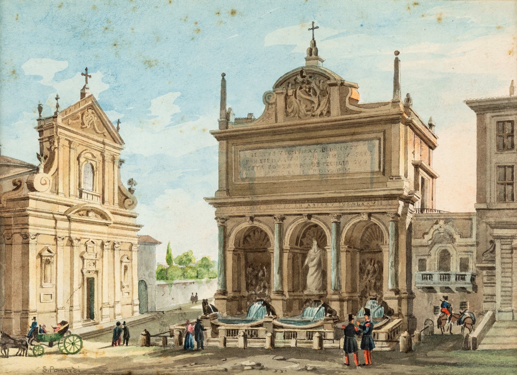 Simone Pomardi - Vedute architettoniche: Fontana del Mosè (o dell’Acqua Felice) con Santa Maria d...
