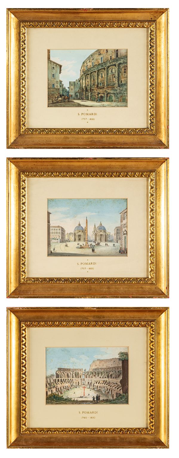 a) Veduta interna dell'anfiteatro Flavio  b) Veduta di Piazza del Popolo  c) Veduta esterna del teatro Marcello