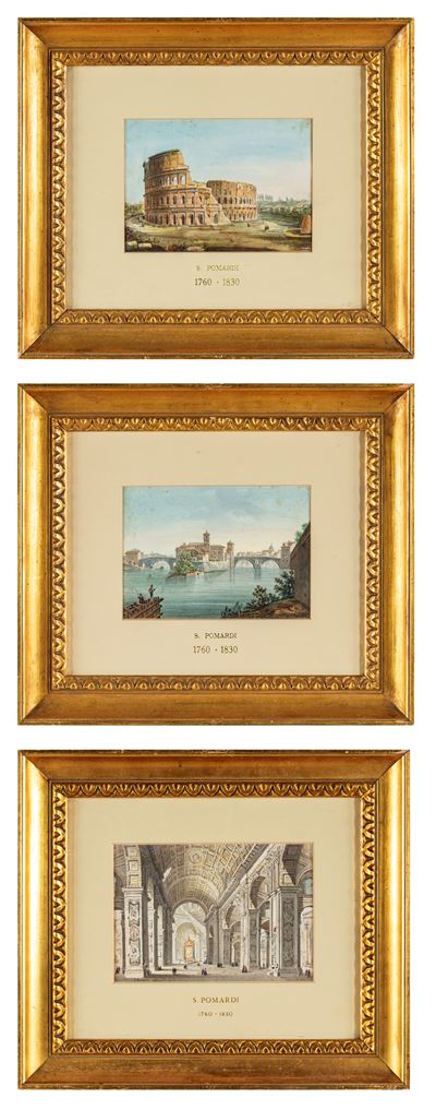 Vedute di Roma: Basilica di San Pietro, Tevere con Isola Tiberina e Ponti Cestio e Fabricio, Anfi...