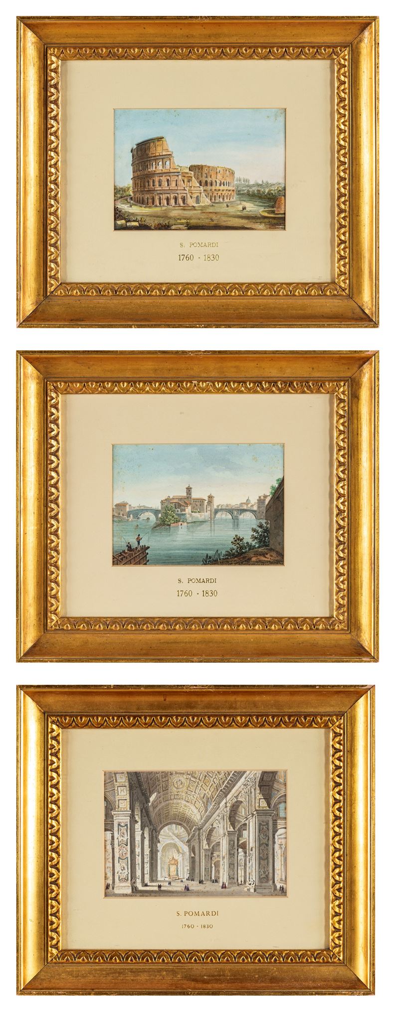 Simone Pomardi - Vedute di Roma: Basilica di San Pietro, Tevere con Isola Tiberina e Ponti Cestio...