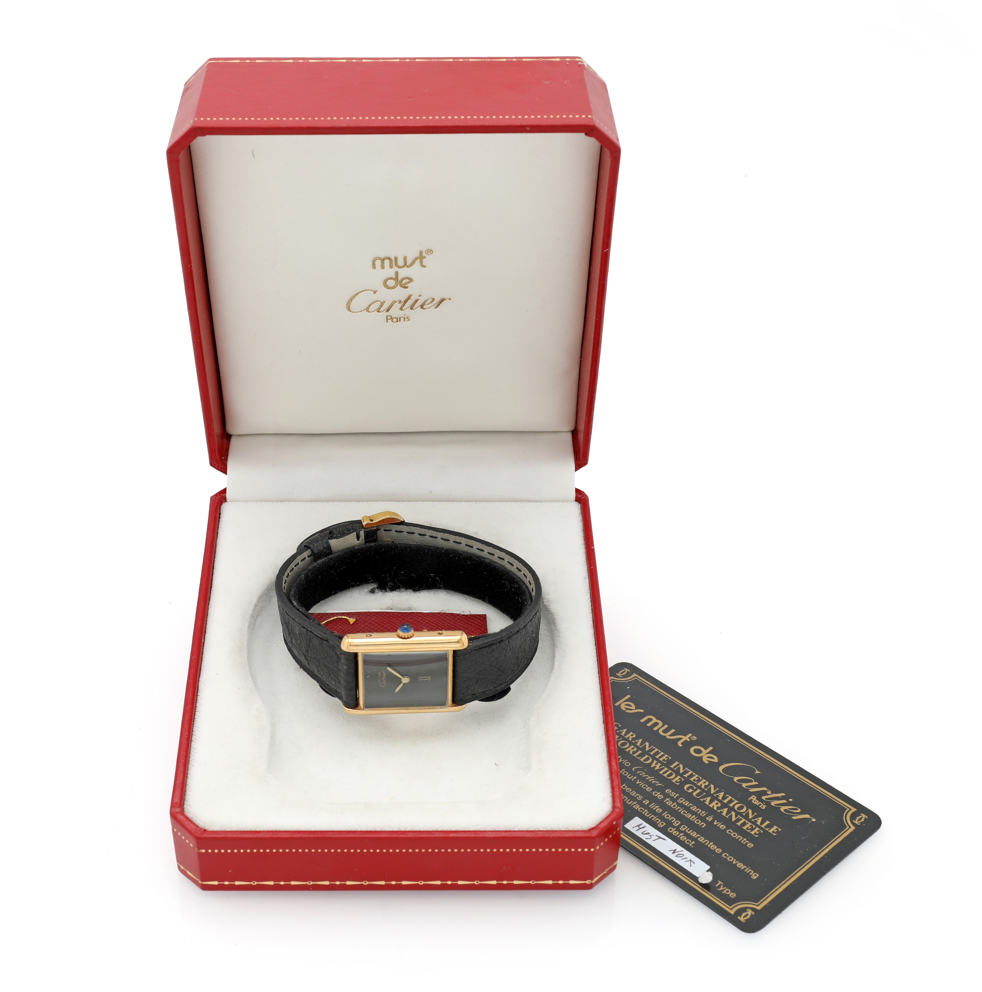 Cartier, Must Tank in argento 925/000 placcato oro con quadrante in smalto nero spider