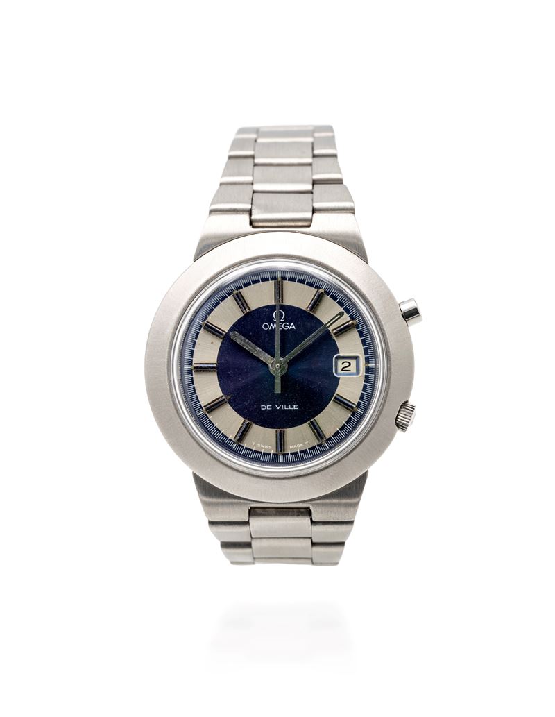 Omega, De Ville Cronostop Ref. 146012, orologio da polso in acciaio con quadrante blu a settori