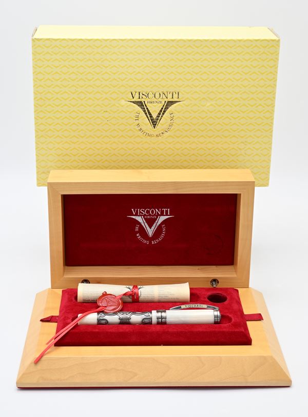 Visconti Templari - Penna stilografica in resina avorio ed argento con applicazioni di 24 piccoli rubini. In edizione limitata 051/112
