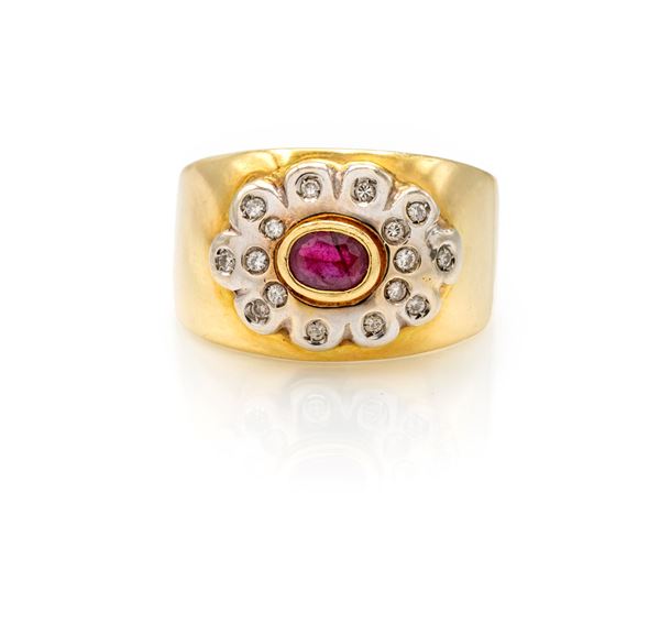 Anello a fascia in oro, rubino e brillanti