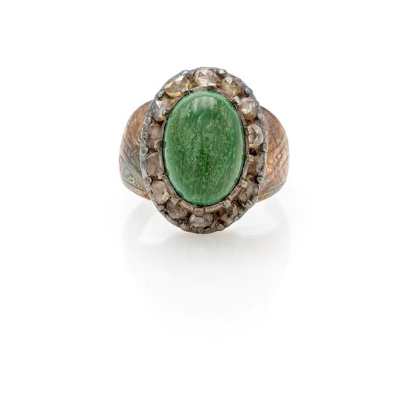 Anello turchese e diamanti in oro a basso titolo e argento