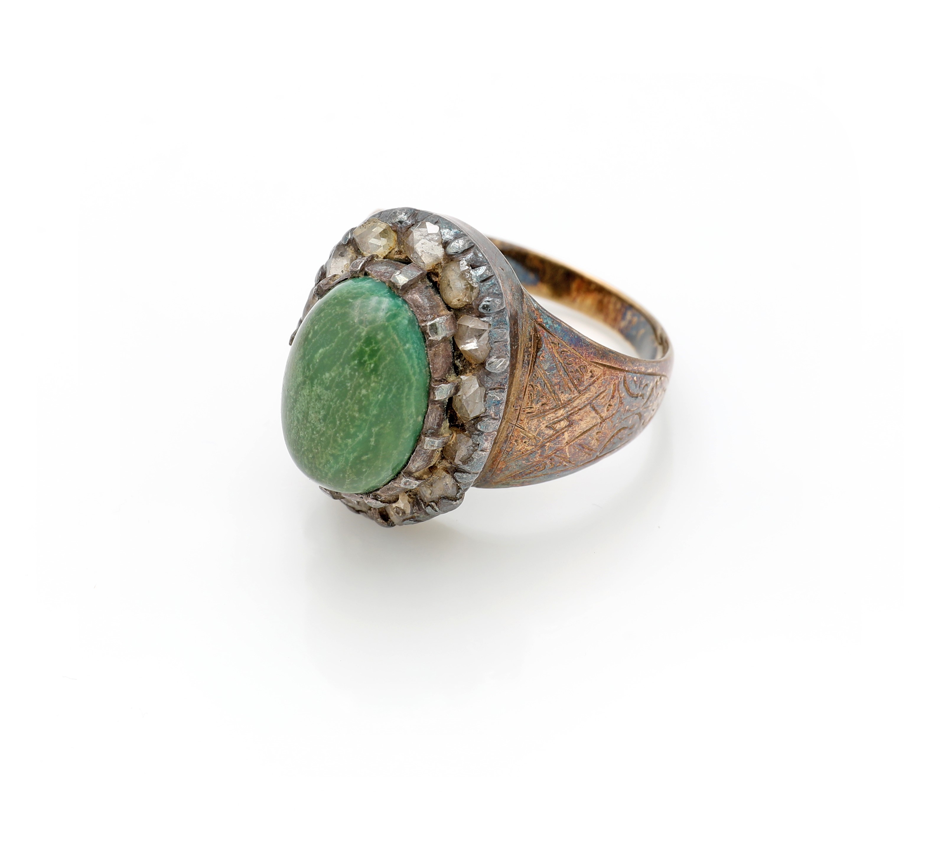Anello in oro a basso titolo e argento con turchese e diamanti