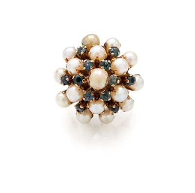 Anello a fiore in oro giallo 750, perle e zaffiri