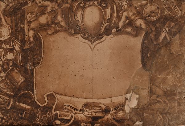 Roman school of the 17th/18th century : Progetto di frontone architettonico  - penna e inchiostro, pennello e inchiostro acquarellato su carta - Auction Works on Paper - from the 16th to the 19th century - Casa d'Aste Arcadia
