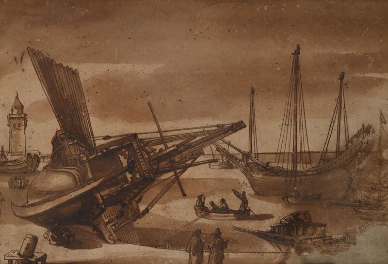 Scuola Romana del XVII/XVIII Secolo - Studio di naufragio nel porto, penna e inchiostro bruno, ac...