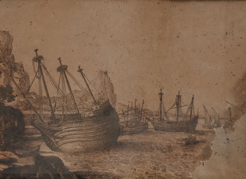 Scuola Romana del XVII/XVIII Secolo - Studio di barche al porto