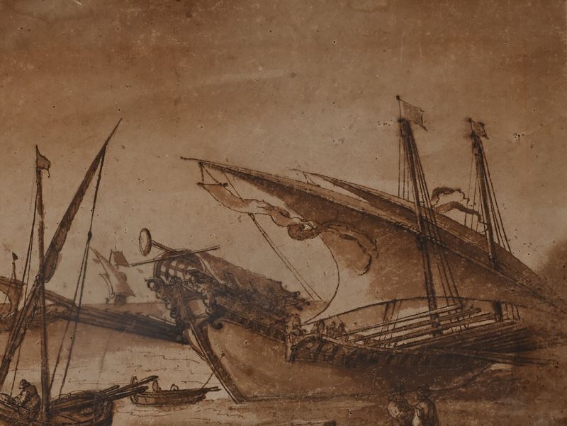 Scuola Romana del XVII/XVIII Secolo - Studio di galera al porto
