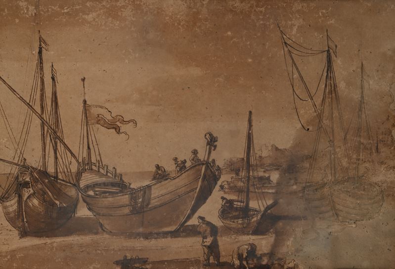 Scuola Romana del XVII/XVIII Secolo - Studio di barche al porto