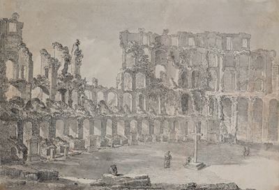 Veduta dell’interno del Colosseo con personaggi in preghiera