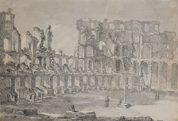 Scuola Romana del XVIII secolo : Veduta dell'interno del Colosseo con personaggi in preghiera  - Penna, china, inchiostro grigio acquerellato su carta - Auction Works on Paper - from the 16th to the 19th century - Casa d'Aste Arcadia