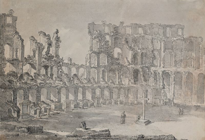 Scuola Romana del XVIII Secolo - Veduta dell’interno del Colosseo con personaggi in preghiera