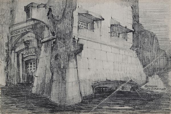 Alfredo Biagini : Veduta romana  (1913)  - Matita e carboncino su carta - Asta Works on paper - dal XVI al XIX secolo - Casa d'Aste Arcadia