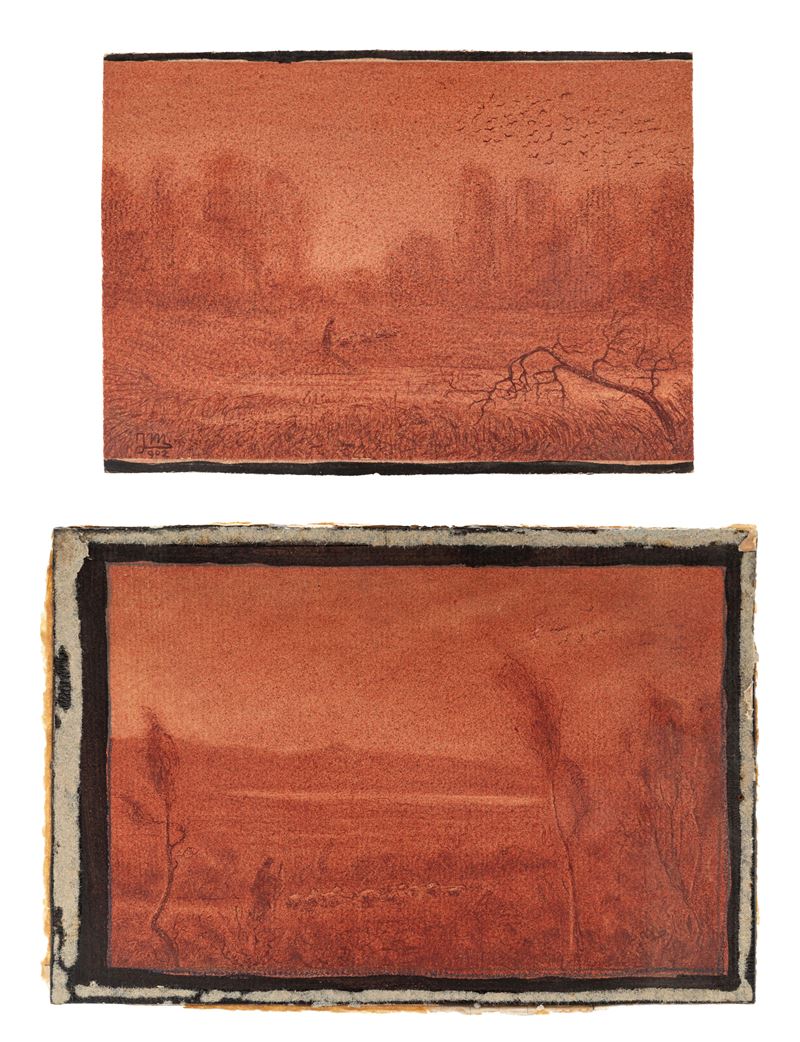 Filiberto Minozzi - Coppia di piccoli paesaggi di campagna (sanguigne su cartoncini), 1902