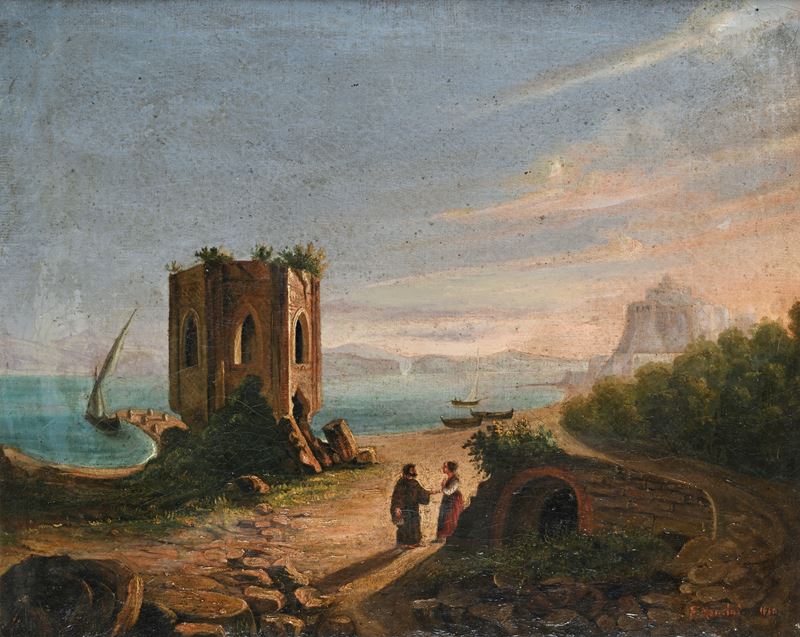 Scuola di Posillipo - Baia, il tempio di Nettuno (Olio su tela)