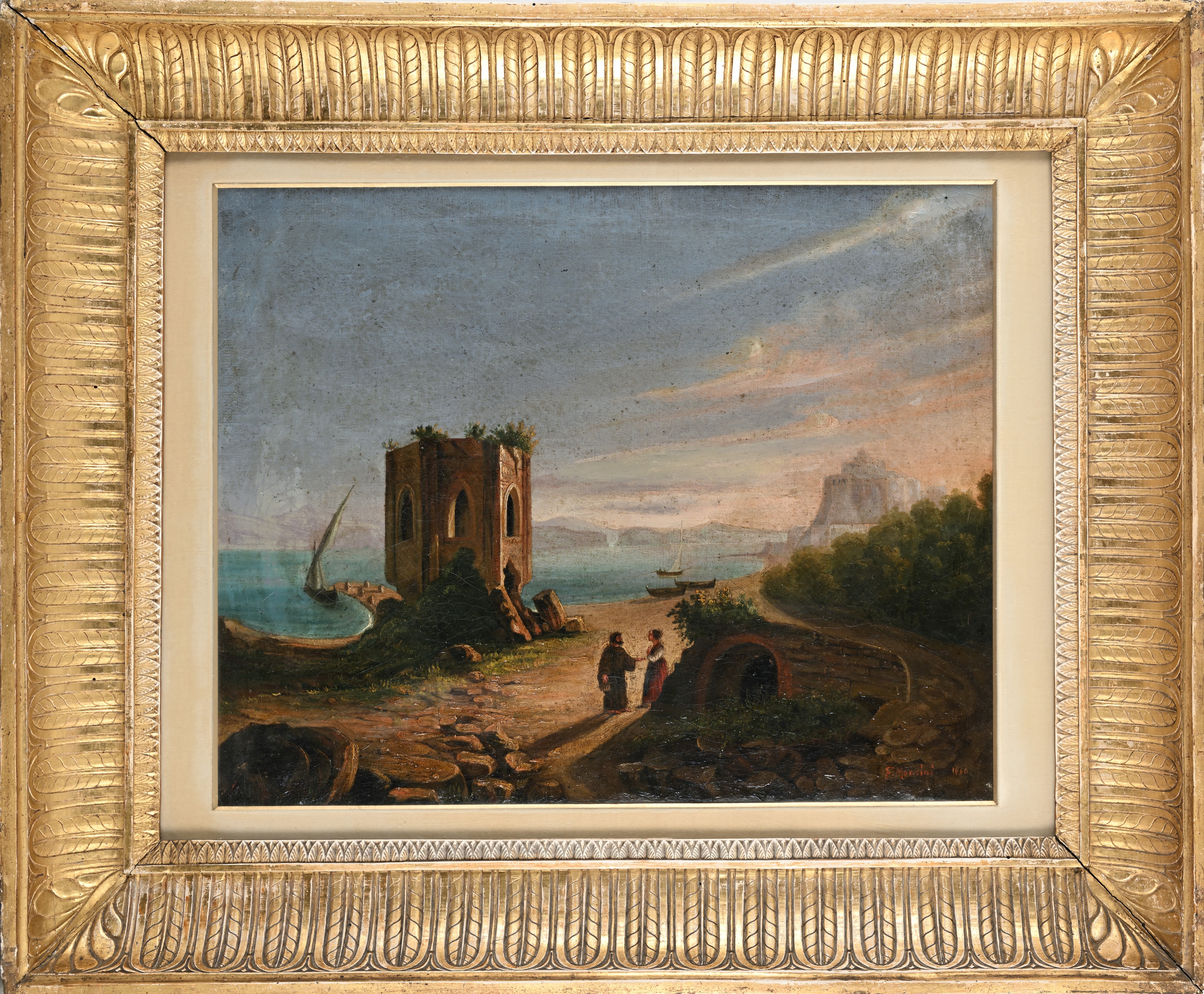 Scuola di Posillipo - Baia, il tempio di Nettuno (Olio su tela)
