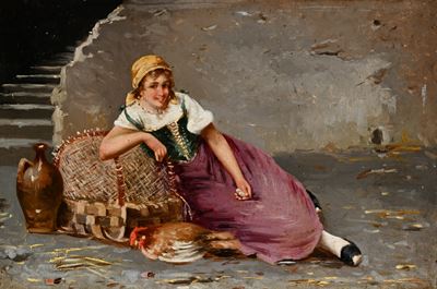 Giovane contadina con gallina, olio su tela