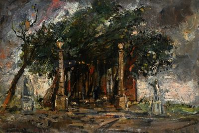 Alberi e statue in una villa