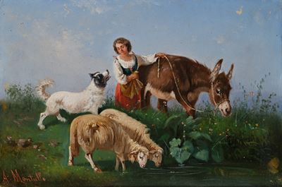 Pastorella con asino, pecore e cane