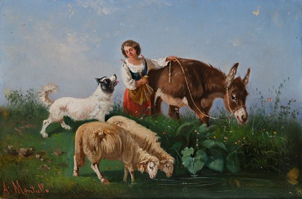 Pastorella con asino, pecore e cane
