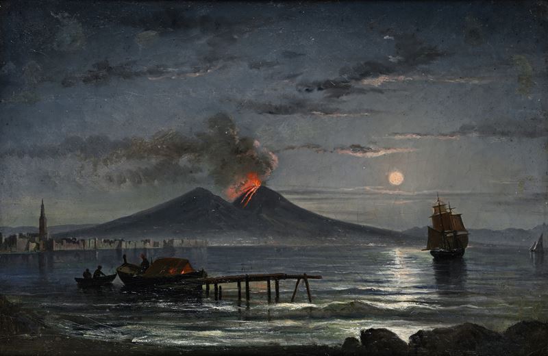 Veduta notturna della costiera napoletana con il Vesuvio in eruzione