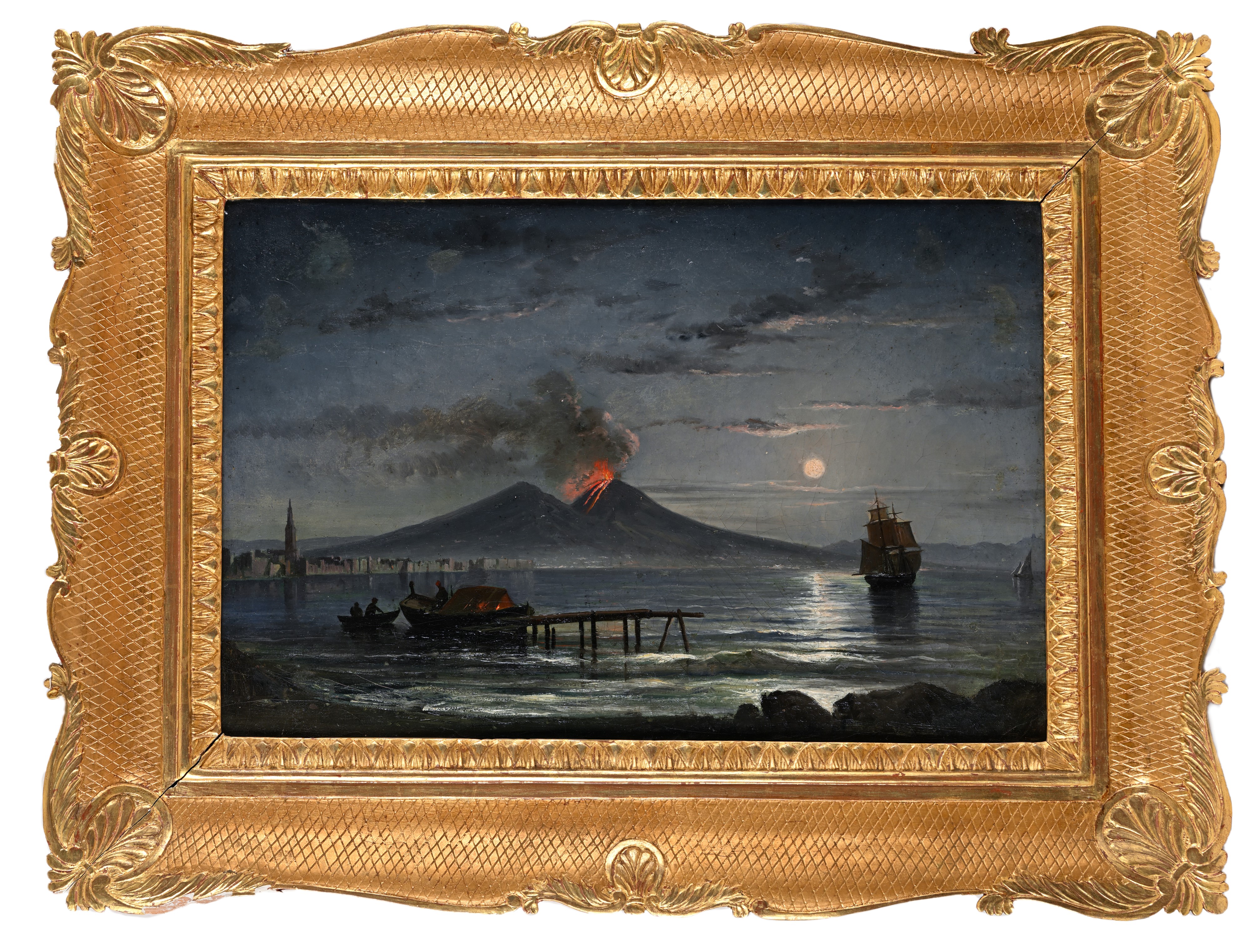 Veduta notturna della costiera napoletana con il Vesuvio in eruzione