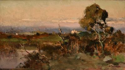 Paesaggio di campagna con stagno, olio su cartone
