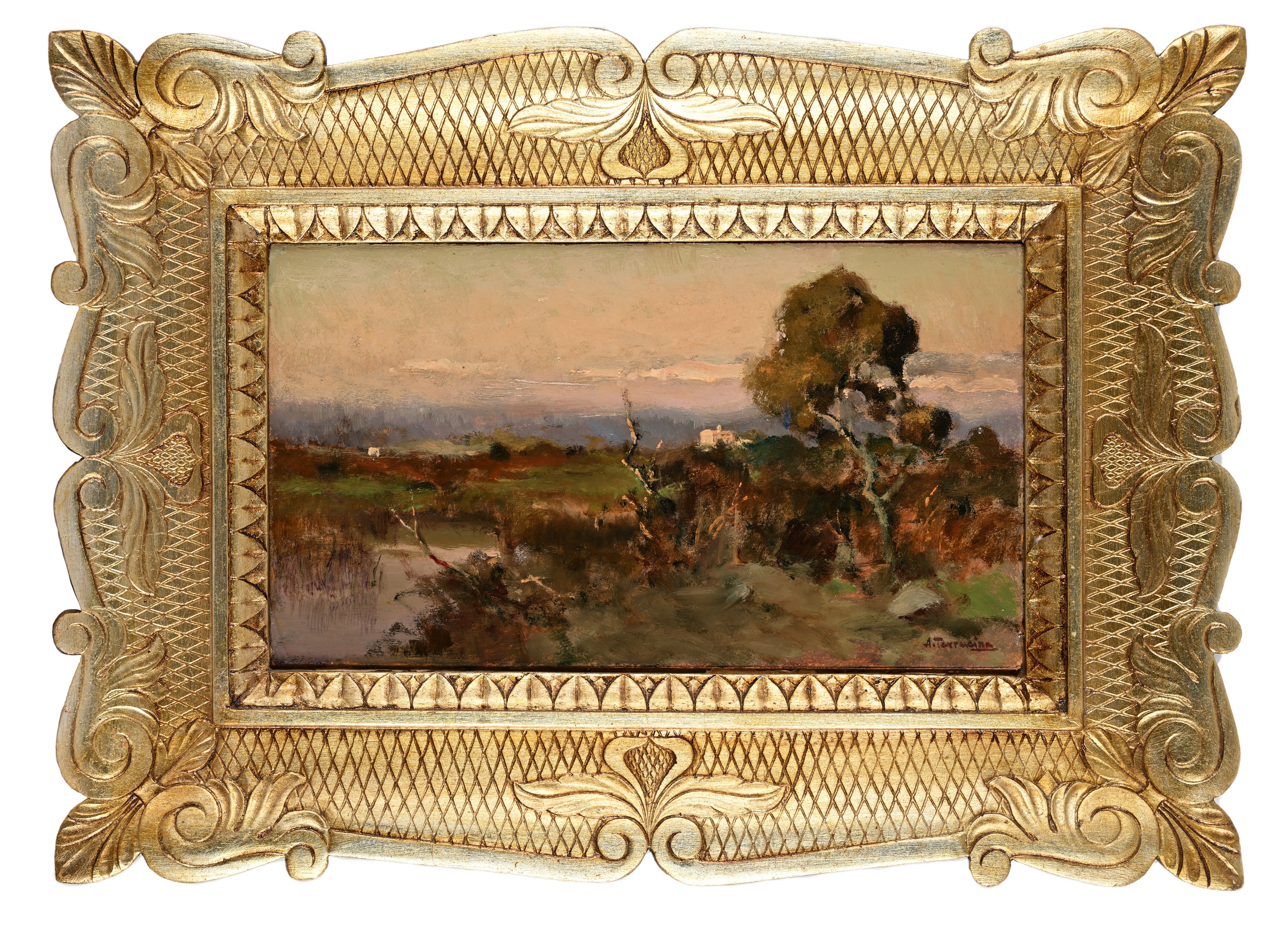 Arturo Bacio Terracina - Paesaggio di campagna con stagno, olio su cartone
