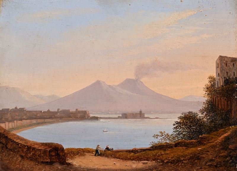 Napoli, veduta da Posillipo con il Vesuvio in eruzione