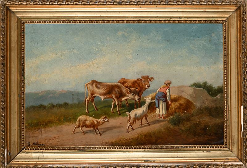 Giovanni Milone (scuola Napoletana Seconda Metà del XIX Secolo) - Contadina al lavoro ed animali ...