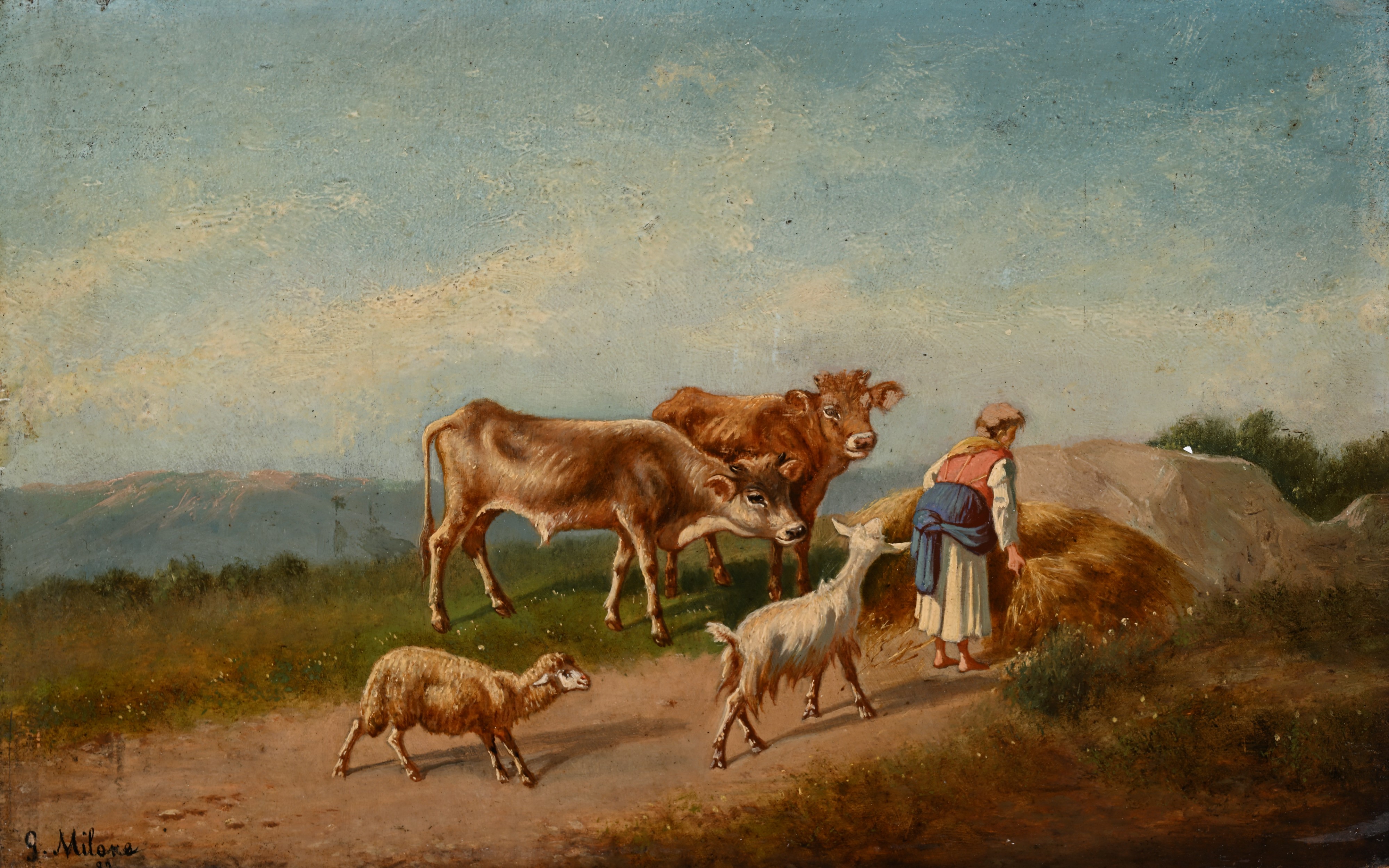 Giovanni Milone (scuola Napoletana Seconda Metà del XIX Secolo) - Contadina al lavoro ed animali ...