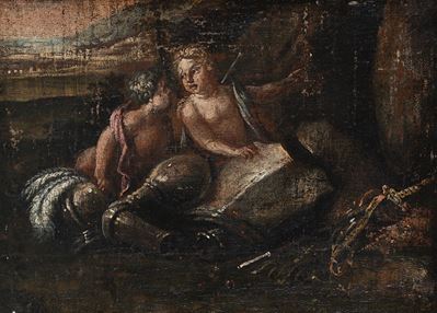 Due putti e armature, olio su tela
