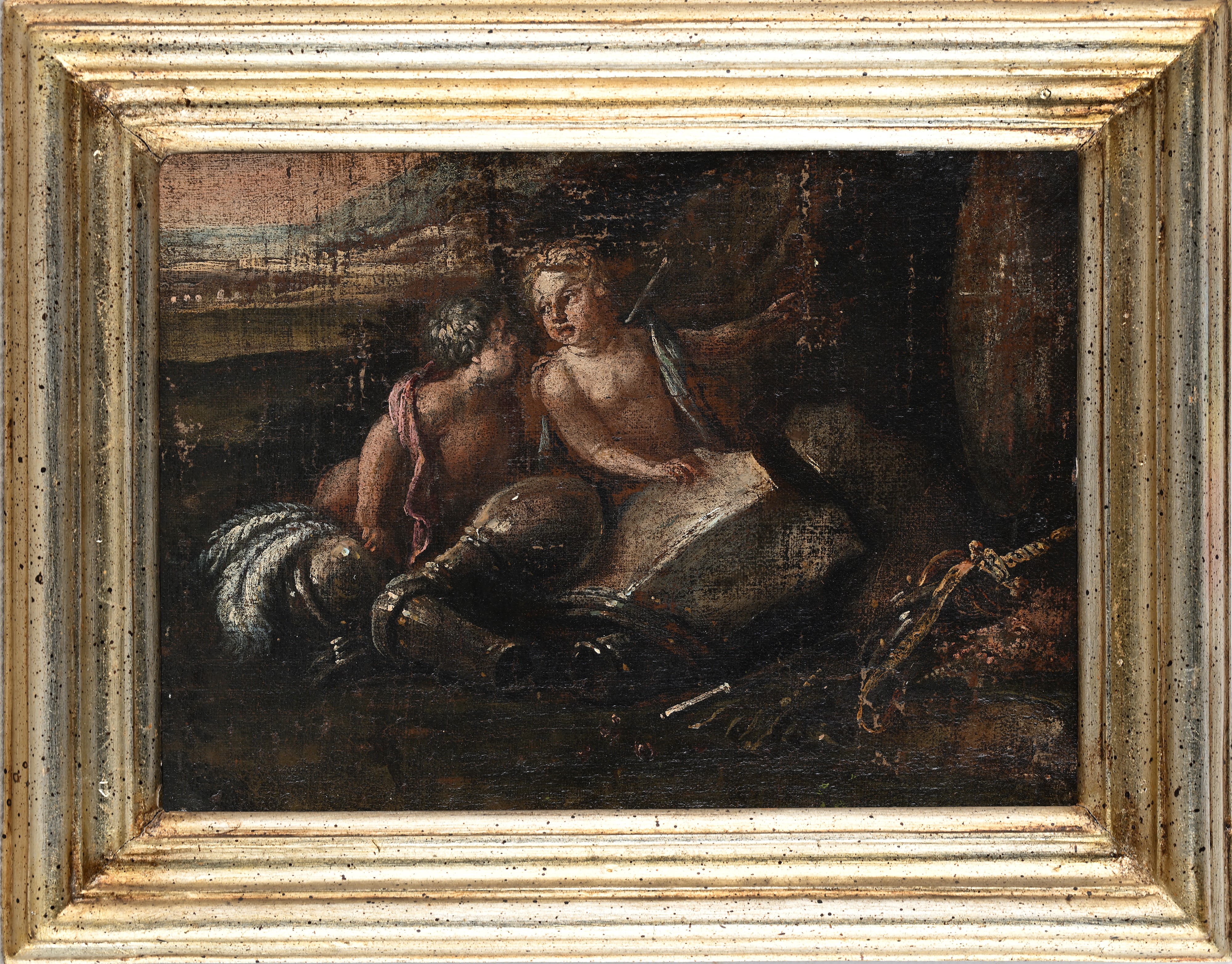 Scuola Italiana del XVIII Secolo - Due putti e armature, olio su tela